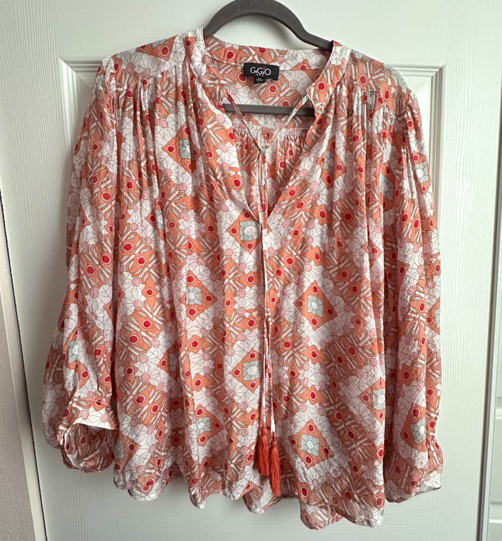 Gigio Womens Medium Orange & Pink Geometric Print Flowy Boho Gauzy Peasant Top